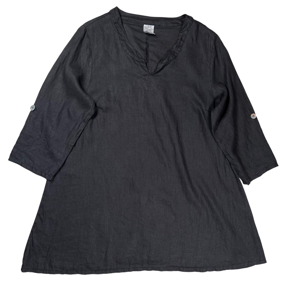 Match Point Tunic Top Women Small Black Linen Roll Tab Sleeve USA Lagenlook